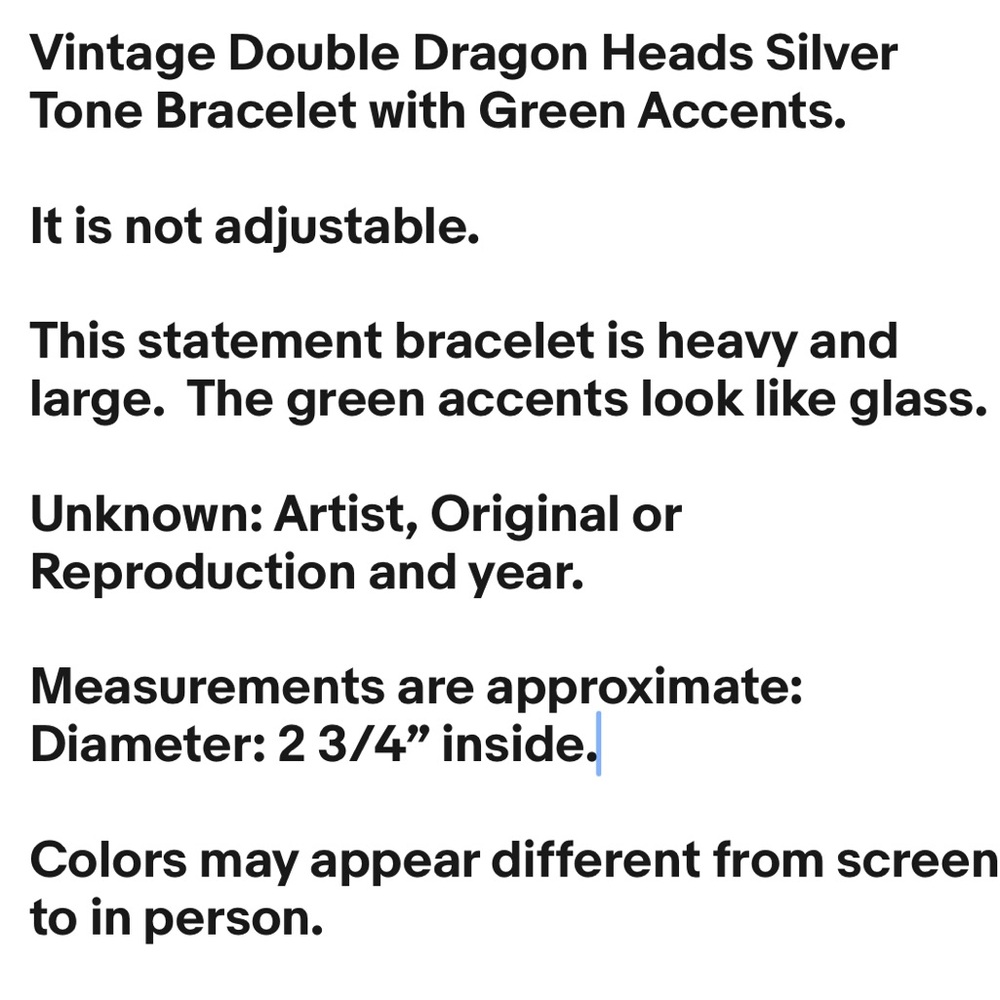 Vintage Double Dragon Heads Silver Tone Bracelet with Green Accents - Picture 2 of 16